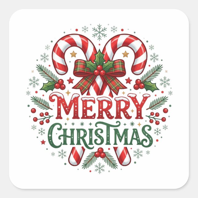 Candy Cane Merry Christmas  Square Sticker (Front)