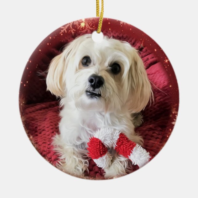 Candy Cane Morkie Dog Round Christmas Ornament (Front)