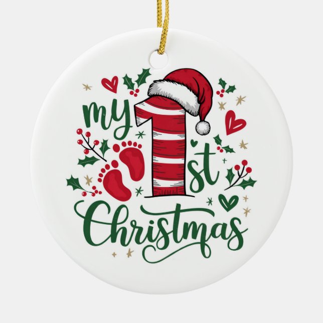Candy Cane “My 1st Christmas” with Photo Ceramic Ornament (Front)
