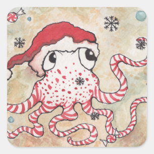 Candy Cane Octopus Square Sticker