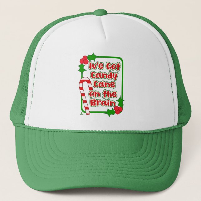 Candy Cane on Brain Christmas Funny Slogan Trucker Hat (Front)