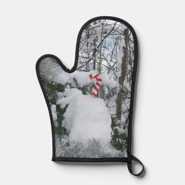 Candy Cane on Snow Covered Tree Oven Mitt (Front)