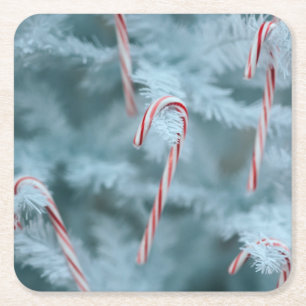 Candy Cane on Tree Square Paper Coaster