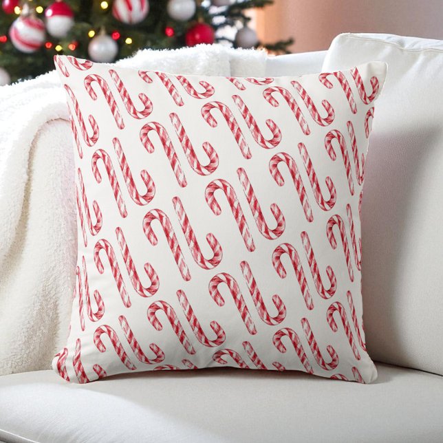 Candy Cane Pattern Red White Watercolor Christmas Cushion (Candy Cane Pattern Red White Watercolor Chrismas Throw Pillow)