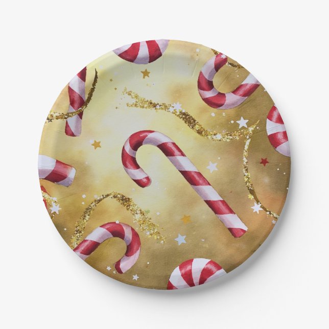 Candy Cane Peppermint Gold Paper Plate  (Front)