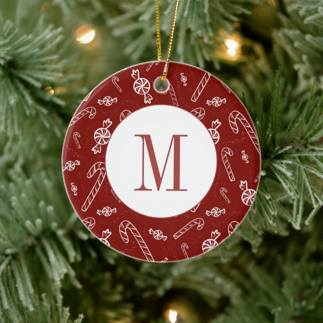 Candy Cane Peppermint Initial Monogram Christmas Ceramic Ornament (Tree)