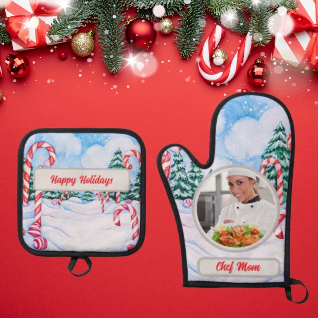 Candy Cane Personalised Chef Mum Photo Christmas Oven Mitt & Pot Holder Set (Creator Uploaded)