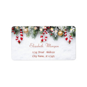 Candy Cane,Pine Tree Branches,Balls Holiday Label