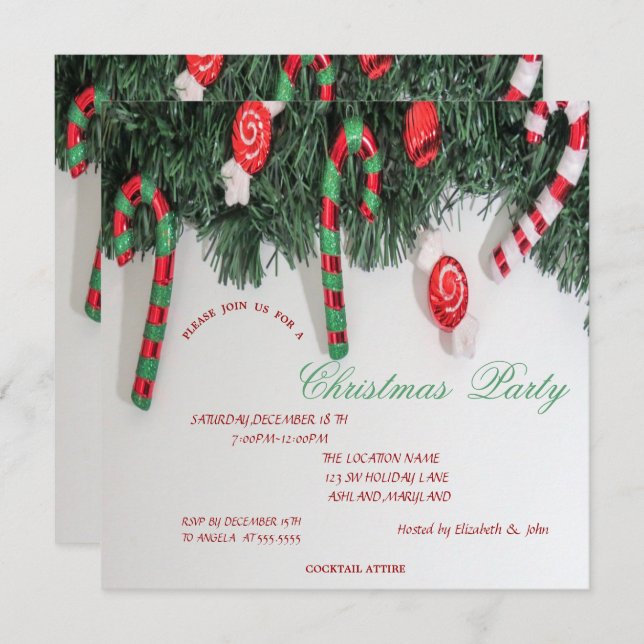 Candy Cane ,Pine Tree Christmas   Party Invitation (Front/Back)