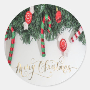 Candy Cane, Pine Tree Holiday Classic Round Sticker