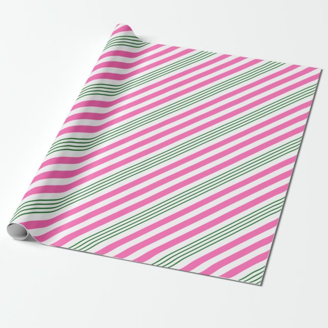 Candy Cane Pink and Green Striped Wrapping Paper (Unrolled)