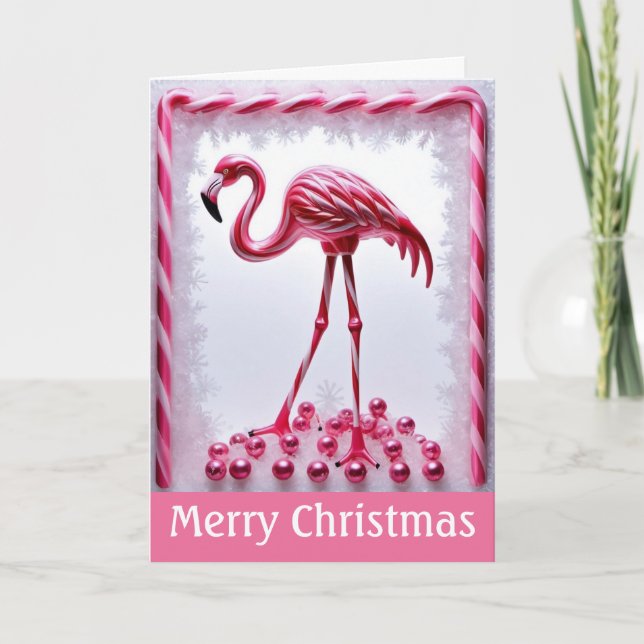 Candy Cane Pink Flamingo Christmas Wishes Card (Front)