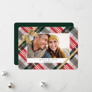 Candy Cane Plaid Gift Wrapped & Bow Present Photo Holiday Card