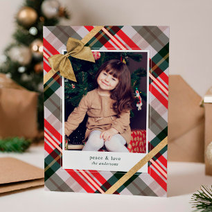 Candy Cane Plaid Gift Wrapped & Bow Present Photo Holiday Card