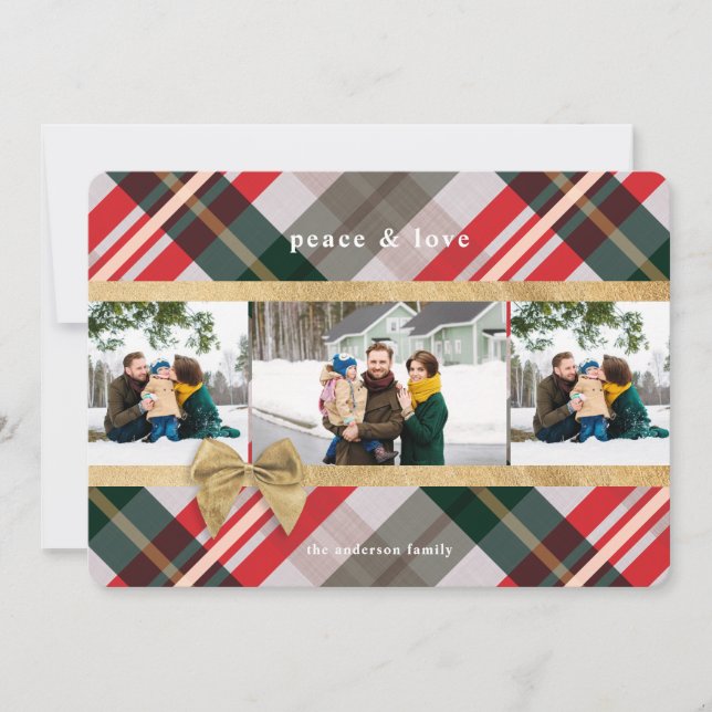 Candy Cane Plaid Gift Wrapped & Bow Present Photo Holiday Card (Front)