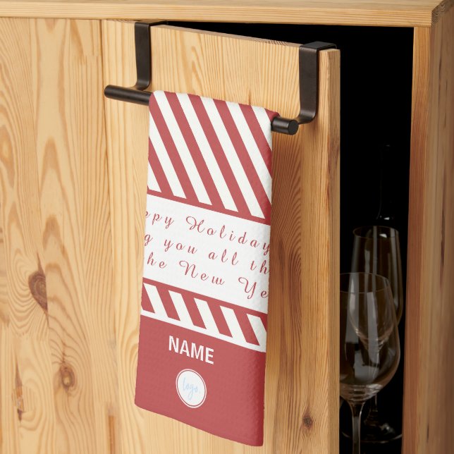 CANDY CANE RED AND WHITE HAPPY HOLIDAYS LOGO GIFT TEA TOWEL (Thirds Fold)