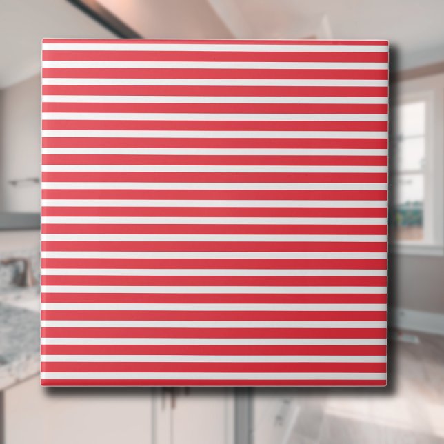 Candy Cane Red and White Simple Horizontal Striped Ceramic Tile (Creator Uploaded)