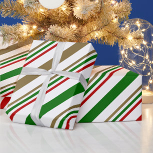 Candy Cane Red, Green, Gold and White Stripes Wrapping Paper