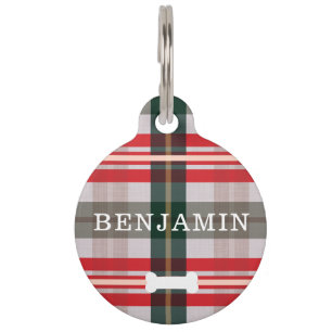 Candy Cane Red Plaid Pattern Dog Bone & Monogram Pet Tag