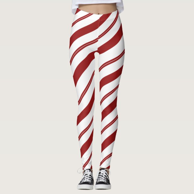 Candy Cane Red Striped Christmas Peppermint Leggings (Front)