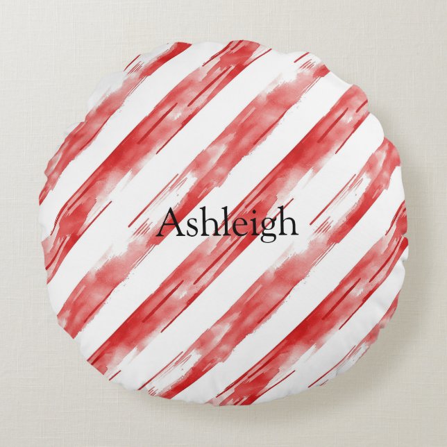 Candy Cane Red Stripes Christmas Round Cushion (Front)