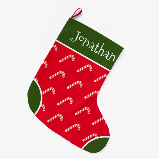 Candy Cane Red & White Typography Name Large Christmas Stocking (Front (Hanging))