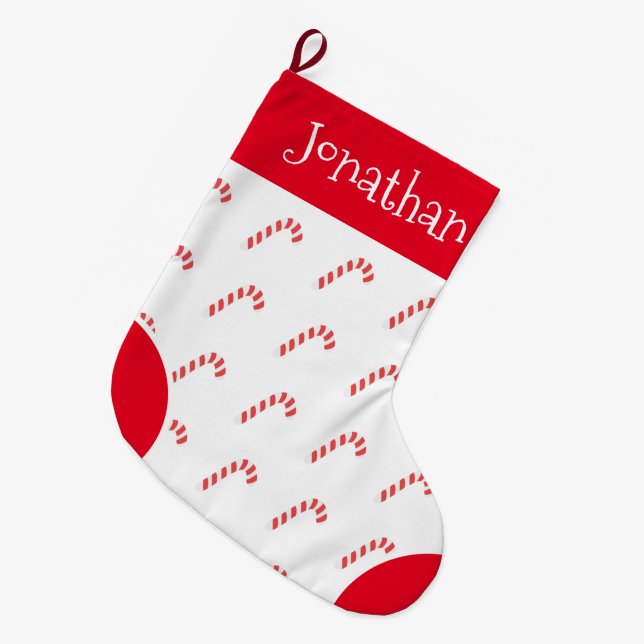Candy Cane Red & White Typography Name Large Christmas Stocking (Front (Hanging))
