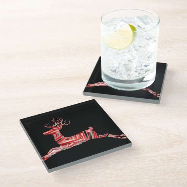 Candy Cane Reindeer on Black, sleek Christmas Glass Coaster (Angled)