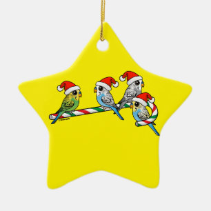 Candy Cane Santa Budgies Ceramic Ornament