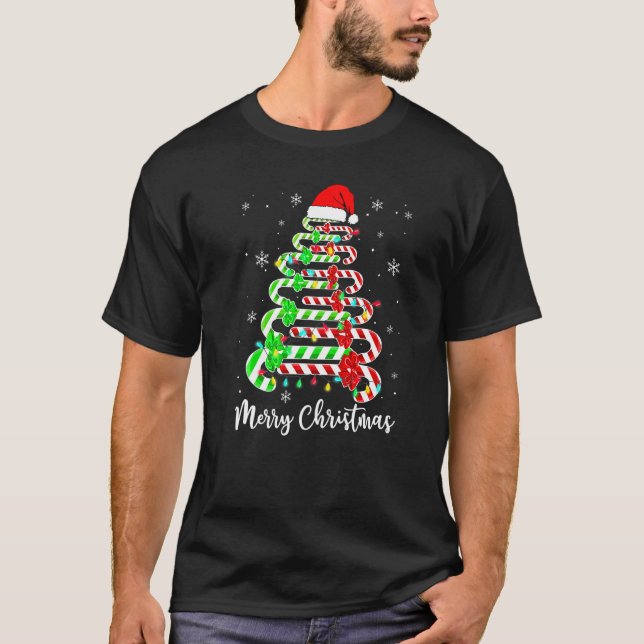 Candy Cane Santa Hat Funny Xmas Tree Merry Christm T-Shirt (Front)