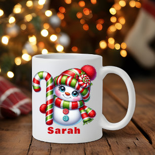 Candy Cane Snowman Christmas Custom Name Coffee Mug