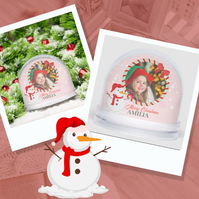 Candy Cane Snowman Photo Bow Christmas Kids Snowglobe (Candy Cane Snowman Photo Bow Christmas Kids Snow Globe celebration holiday accents  baby's first )