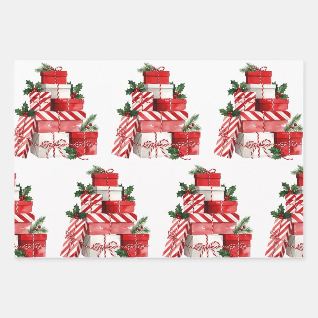 Candy Cane Stack Watercolor Christmas Gift Wrapping Paper Sheet (Front)