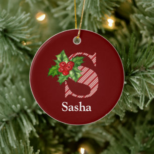 Candy Cane Stripe and Holly S Monogram Ceramic Ornament