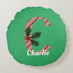 Candy Cane Stripe Letter C Large Christmas Round Cushion
