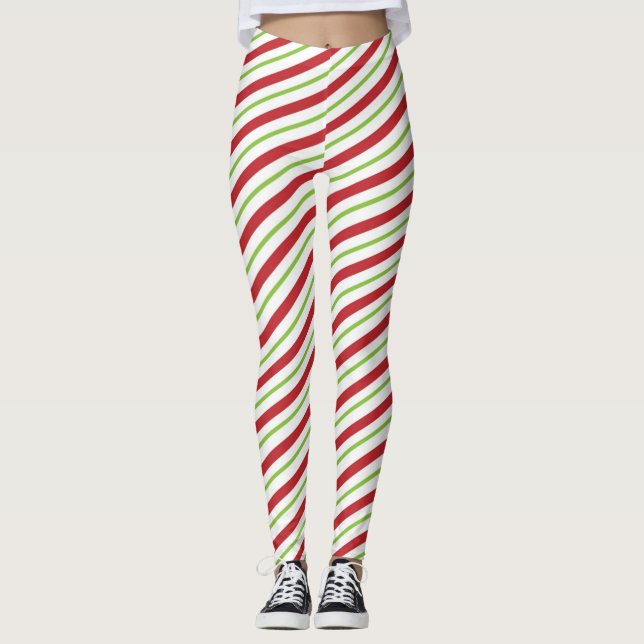 Candy Cane Striped Christmas Red and Green Leggings (Front)
