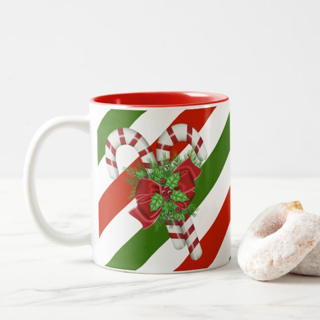 Candy Cane striped Christmas Two-Tone Coffee Mug (With Donut)