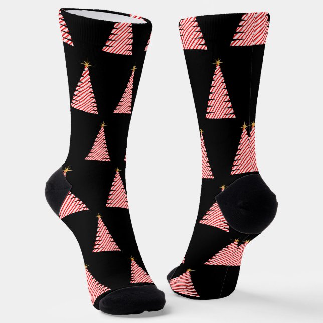 Candy Cane Striped Tree Christmas Socks (Angled)