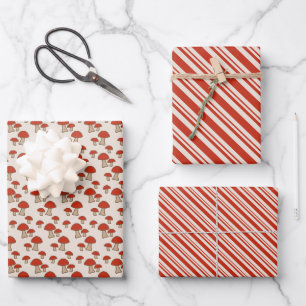 Candy Cane Stripes and Mushrooms Wrapping Paper Sheet