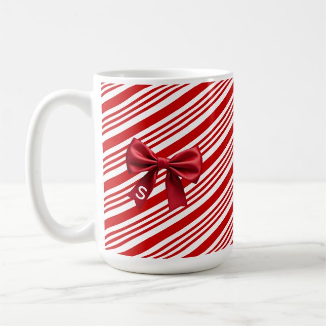 Candy Cane Stripes Red Bow Festive Christmas  Coffee Mug (Left)