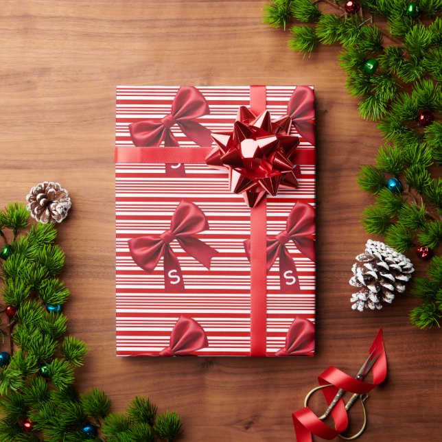 Candy Cane Stripes Red Bow Festive Christmas  Wrapping Paper (Holiday Gift)