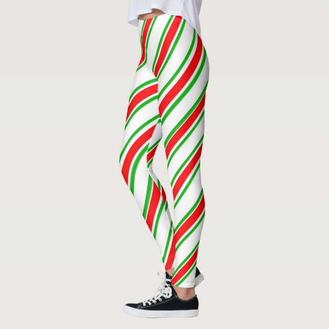Candy Cane Stripes Red Green White Christmas Leggings (Left)