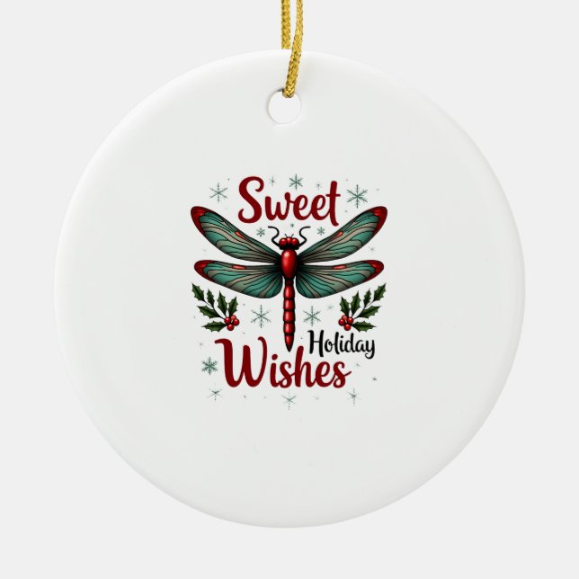 Candy Cane Wings Dragonfly Ceramic Ornament (Front)