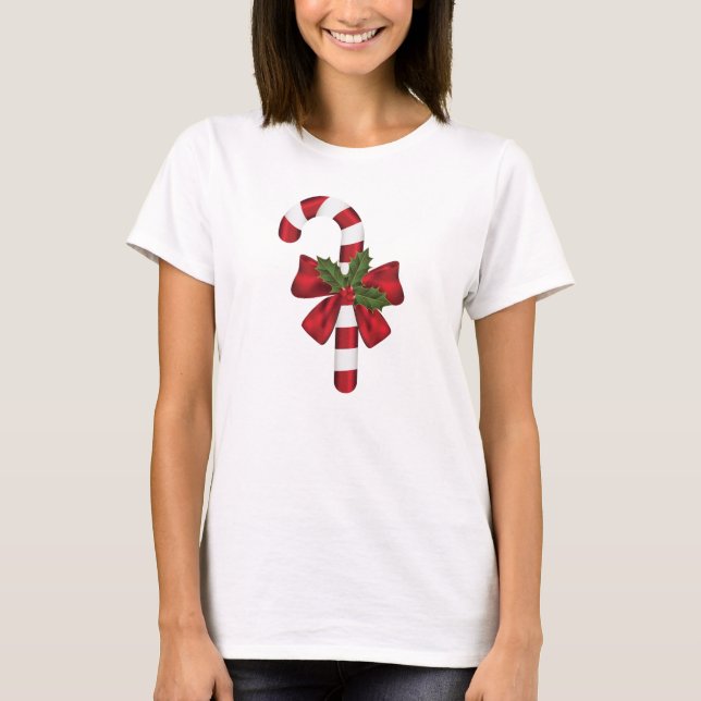 Candy Cane With A Bow And Christmas Holly T-Shirt (Front)