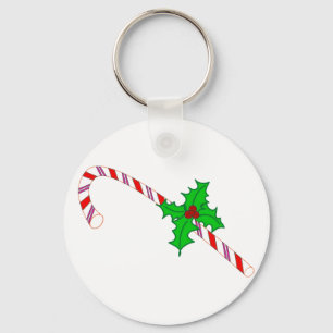 Candy Cane with Holly Design on Keychain