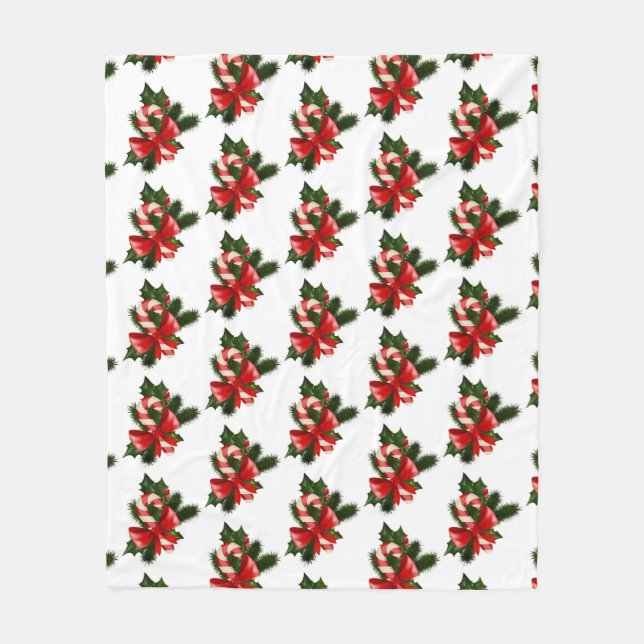 Candy Cane With Holly Retro Christmas Pattern Fleece Blanket (Front)