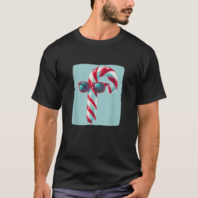 Candy Cane with Sunglasses Graphic for Holiday Che T-Shirt (Front)