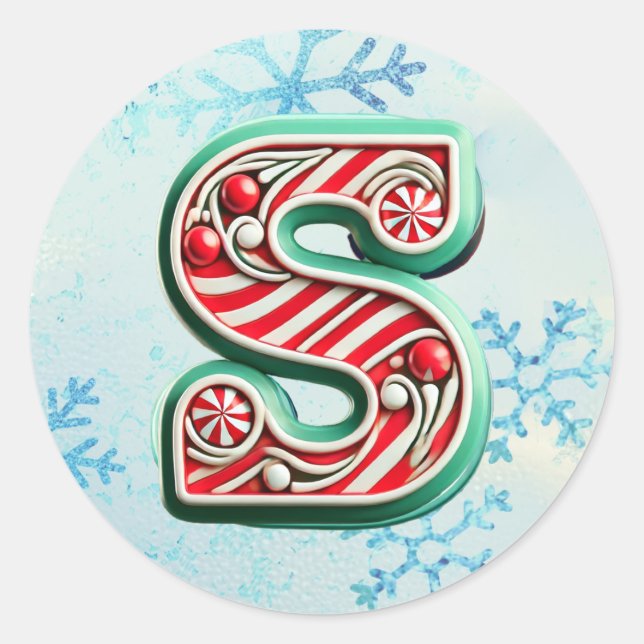 Candy Cane Xmas "S" Sticker, Festive Stripes Classic Round Sticker (Front)