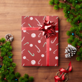 Candy Canes and Bon Bons Roll on Red Wrapping Paper
