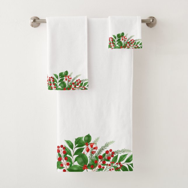 Candy Canes and Christmas Holly Bath Towel Set (Insitu)